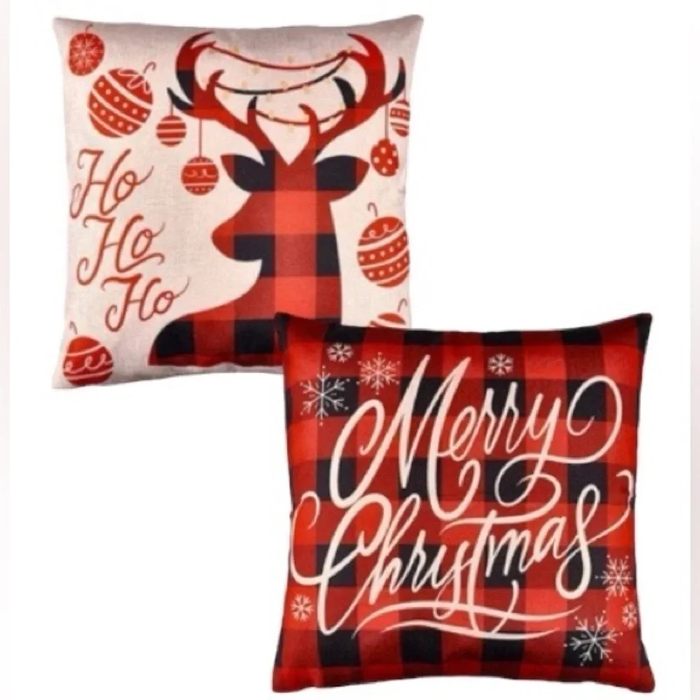 Pillow Cover Set Christmas Rustic Holiday Zip Linen Buffalo Plaid Red Black 17”